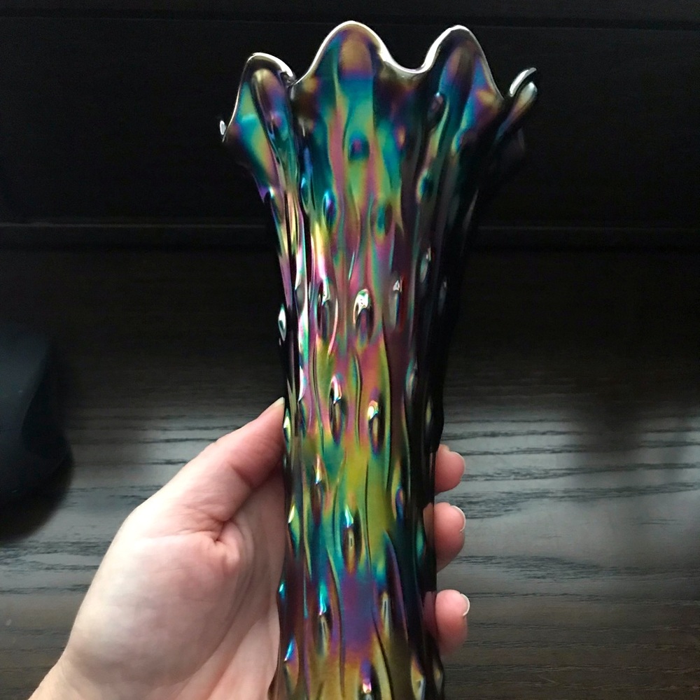 Vintage Northwood 10” Carnival Glass Treetrunk Vase Signed